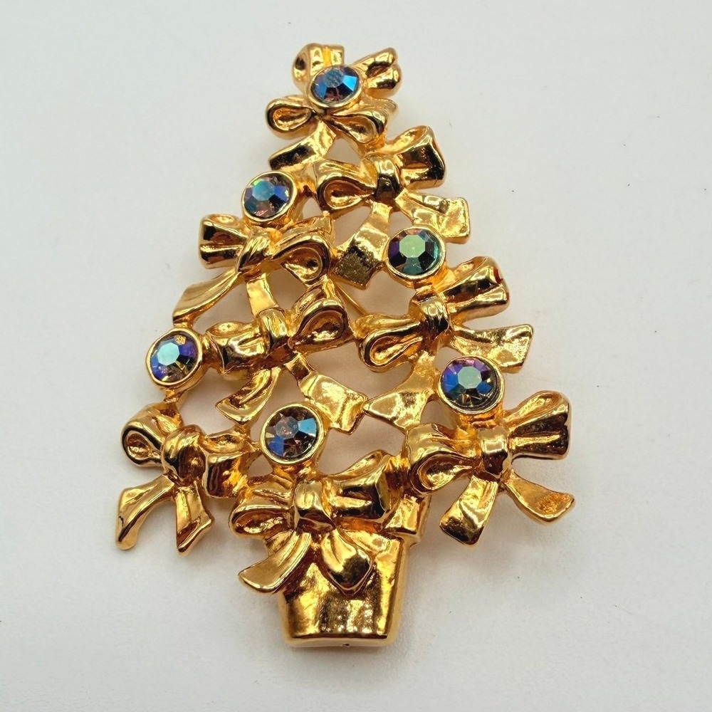 Avon Christmas Tree Brooch Women Gold Tone AB Rhinestone Bow Pin Holiday Pin